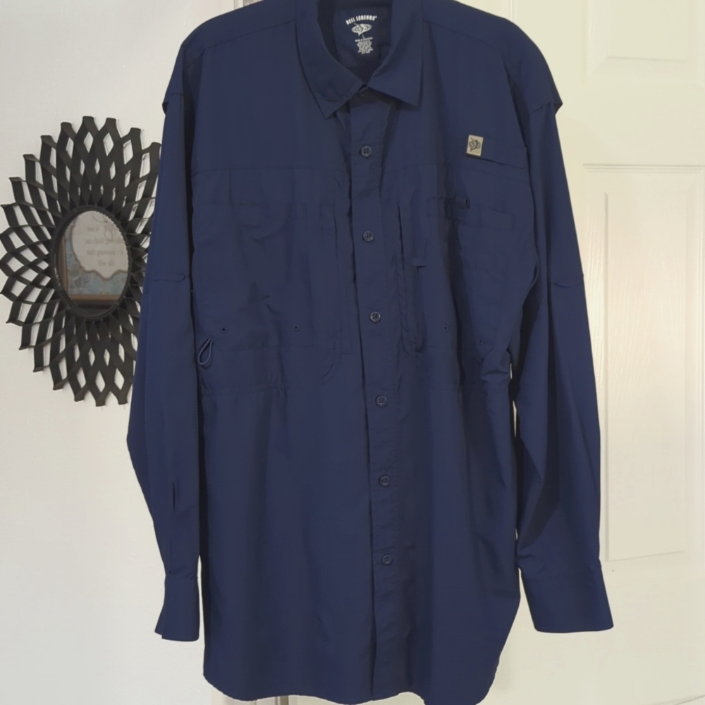 EUC Reel Legends Man's Long Sleeve Button Down Blue Fisherman Shirt Size Large